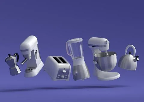 Kitchen appliances and utensils for making breakfast on violet background Stock Illustration