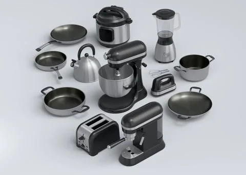 Kitchen appliances and utensils for making breakfast on white background Stock Illustration