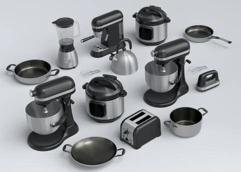 Kitchen appliances and utensils for making breakfast on white background Stock Illustration