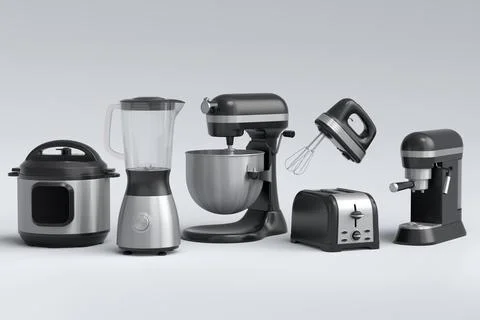 Kitchen appliances and utensils for making breakfast on white background Stock Illustration