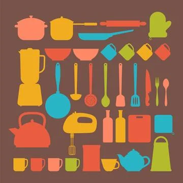 Kitchen appliances. Cooking tools and kitchenware equipment silhouettes. Bi.. Stock Illustration