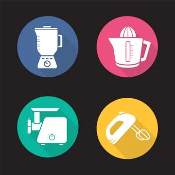 Kitchen appliances flat design long shadow icons set Stock Illustration