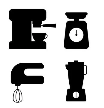 Kitchen appliances icon set. Coffee machine, mixer blender and scales for web Illustrazione stock