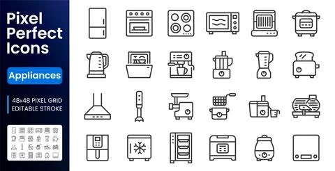 Kitchen appliances line icon set. Refrigerator, oven, microwave, blender イラスト素材