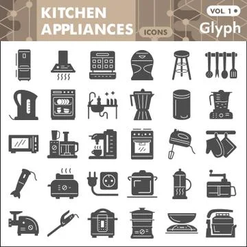 Kitchen appliances solid icon set, kitchenware symbols collection or sketches Stock Illustration