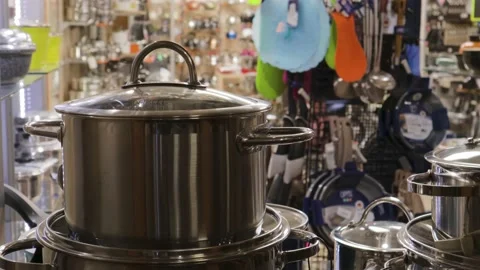 Kitchen appliances store pans cookware assortment goods pot tableware 스톡 동영상 140762962