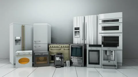 Kitchen appliances in supermarcket 3d render image Illustrazione stock