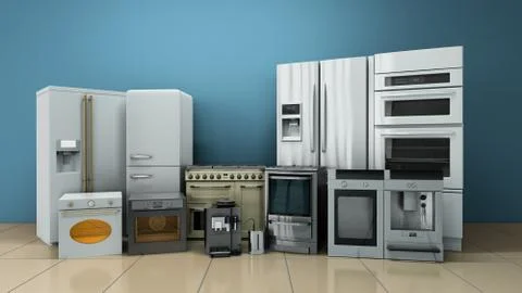 Kitchen appliances in supermarcket 3d render image Illustrazione stock