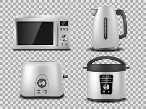 Kitchen appliances template. Realistic silver microwave, kettle, oven, juicer Stock Illustration