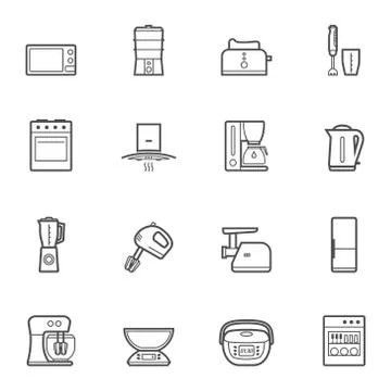 Kitchen appliances vector line style icon set Stock Illustration