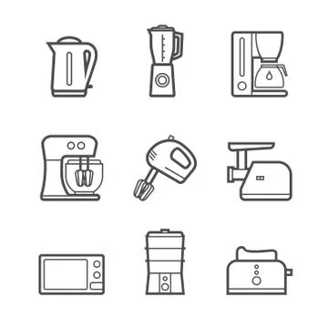 Kitchen appliances vector line style icon set Stock Illustration