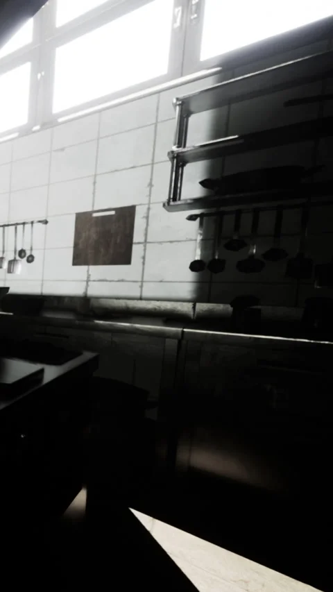 Kitchen area with tools and windows during early morning light Stock Footage 337938354
