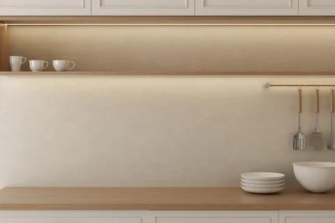 Kitchen backsplash wall with cups hanging utensils plates and under cabinet.. Stock Illustration
