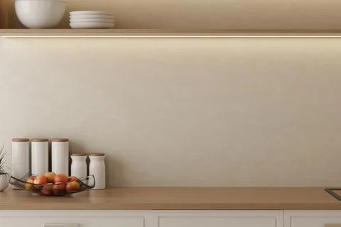 Kitchen backsplash wall with shelf and apples in glass bowl, ceramic jars o.. Stock Illustration