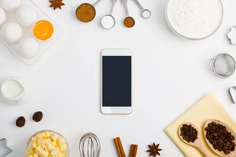 Kitchen baking mobile phone application service website mockup background Stock Photos