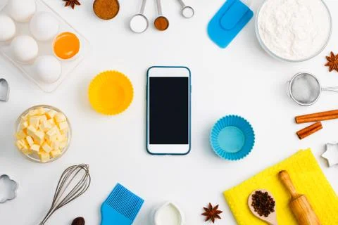 Kitchen baking mobile phone application service website mockup background Stock Photos