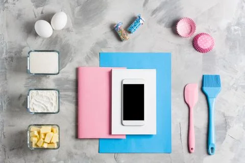 Kitchen baking mobile phone application service website mockup background Stock Photos