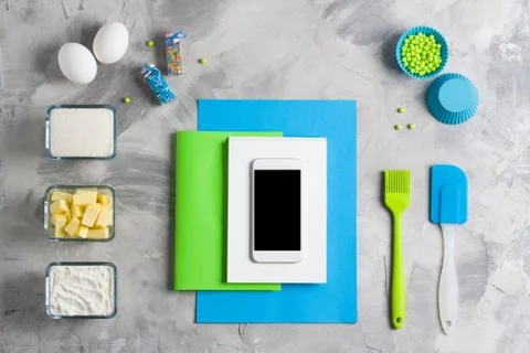 Kitchen baking mobile phone application service website mockup background Stock Photos