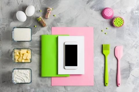 Kitchen baking mobile phone application service website mockup background Stock Photos