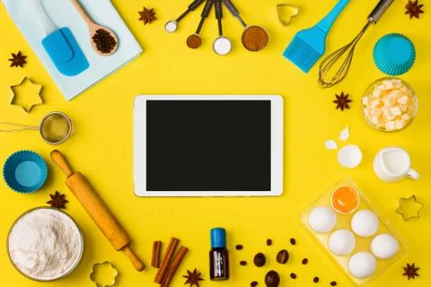 Kitchen baking tablet mobile application service website mockup Stock Photos