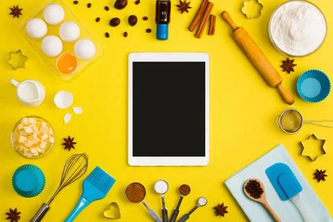 Kitchen baking tablet mobile application service website mockup Stock Photos