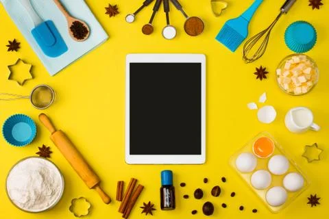 Kitchen baking tablet mobile application service website mockup Stock Photos