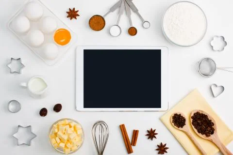 Kitchen baking tablet mobile application service website mockup background Stock Photos