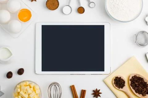 Kitchen baking tablet mobile application service website mockup background Stock Photos