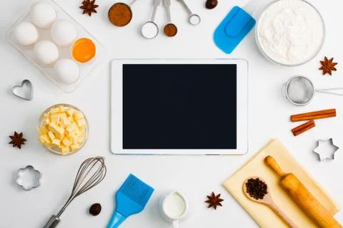 Kitchen baking tablet mobile application service website mockup background Stock Photos