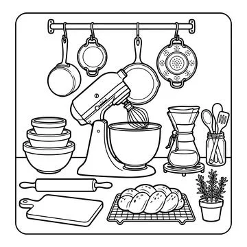 Kitchen Baking Tools and Equipment Line Art Illustration Stock Illustration