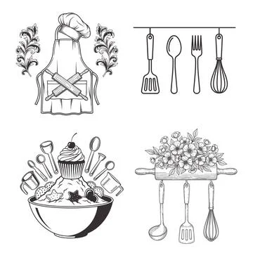 Kitchen baking utensil set with chef apron and cooking tools Stock Illustration