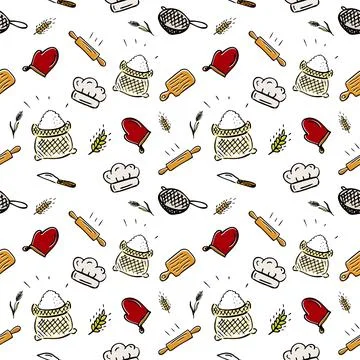 Kitchen baking utensils seamless pattern. All for baking. Image for bakeries and Stock Illustration