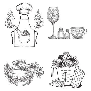 Kitchen baking vector set with chef apron floral bowl and measuring cup Illustrazione stock