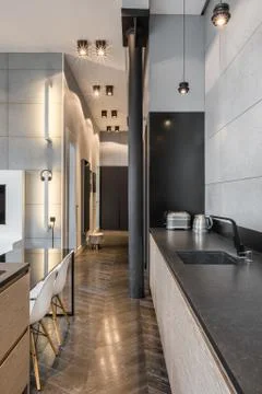Kitchen with black countertop Stock Photos