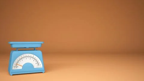 Kitchen blue empty weigh scales, on orange background copy space, measuring d Stock Illustration