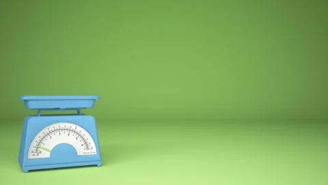 Kitchen blue empty weigh scales, on green background copy space, measuring di Stock Illustration