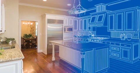 Kitchen Blueprint Drawing Transitioning to Completed Build Stock Footage 145816399