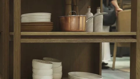 Kitchen Bottom Open Shelves With Kitchen Utensils Stock Footage 270163854