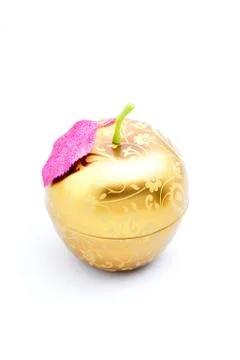 Kitchen box, yellow, green leaf, Apple, toy, store food Stock Photos