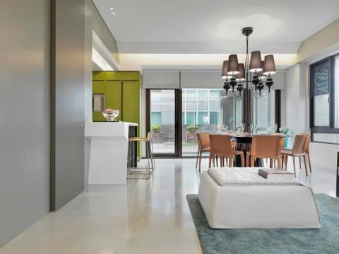 Kitchen breakfast bar and dining room in modern home Stock Photos