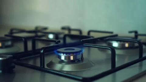 Kitchen burner gas stove weakly fire Stock Footage 206389590