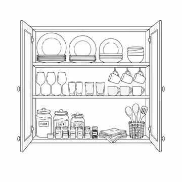 Kitchen cabinet interior with dishes and utensils line drawing Silhouette Illustrazione stock