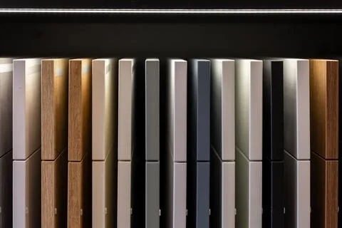 Kitchen cabinet samples on shelf with reflective surface display. Modern fu.. Stock Photos