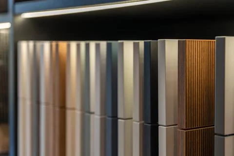 Kitchen cabinet samples on shelf with reflective display. Modern furniture .. Stock Photos