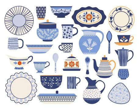 Kitchen ceramic. Dining utensil. Patterned dishes. Porcelain cup or jug イラスト素材