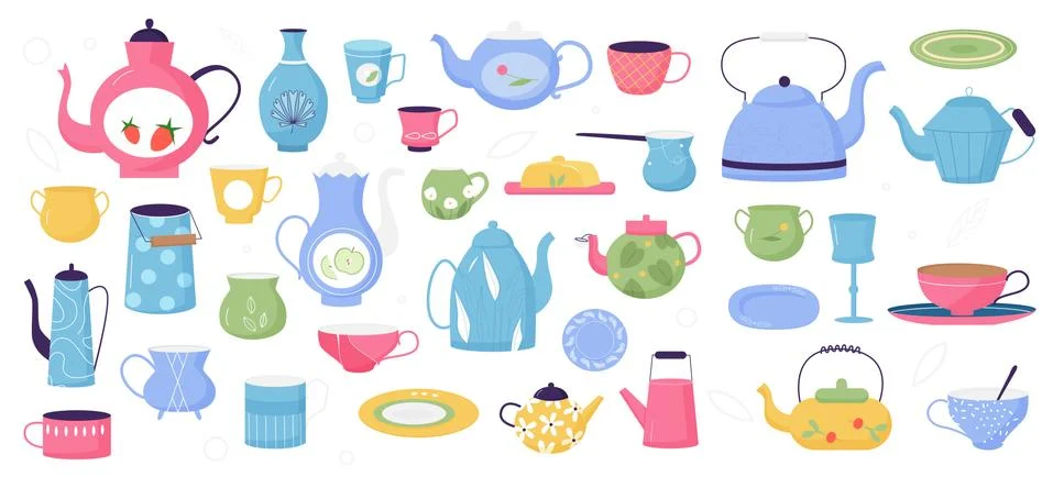 Kitchen ceramic vintage tableware set, retro kitchenware utensils or crockery Stock Illustration