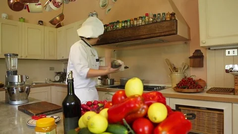 Kitchen Chef with big fish Stock Footage 74761546