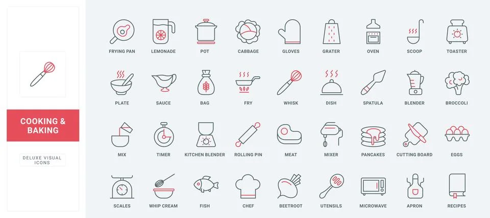 Kitchen chefs tools to bake and cook, food ingredients to fry, boil on heat line 스톡 일러스트
