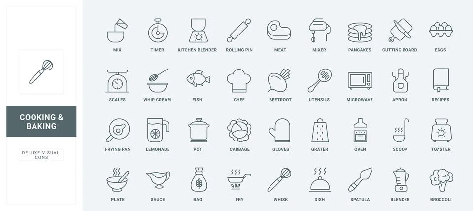 Kitchen chefs tools to bake and cook, food ingredients to fry, boil on heat line Stock Illustration