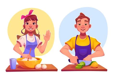 Kitchen class and man character cook food workshop Stock Illustration